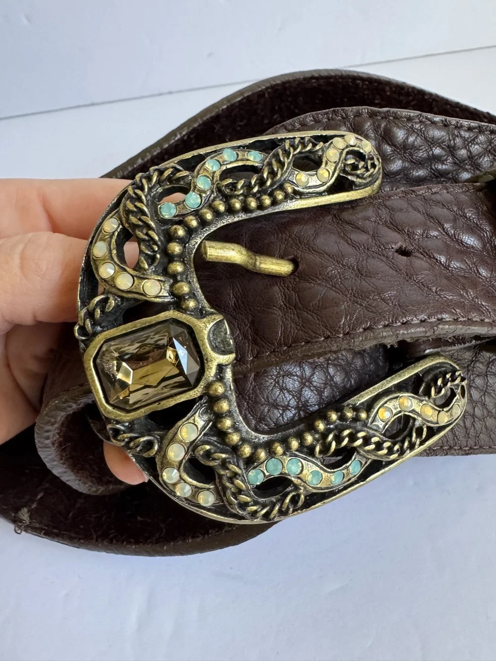 Leatherock Brown Leather Belt Rhinestone Ornate Turquoise Buckle Cowgirl‎ Large
